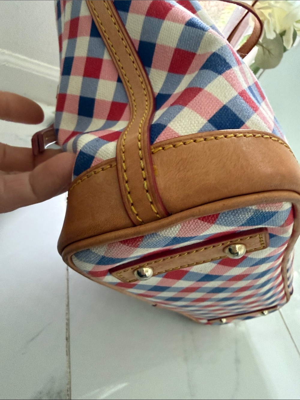 Dooney & Bourke Red Navy Check Tote with Tan Leather Trim - Picture 9 of 17